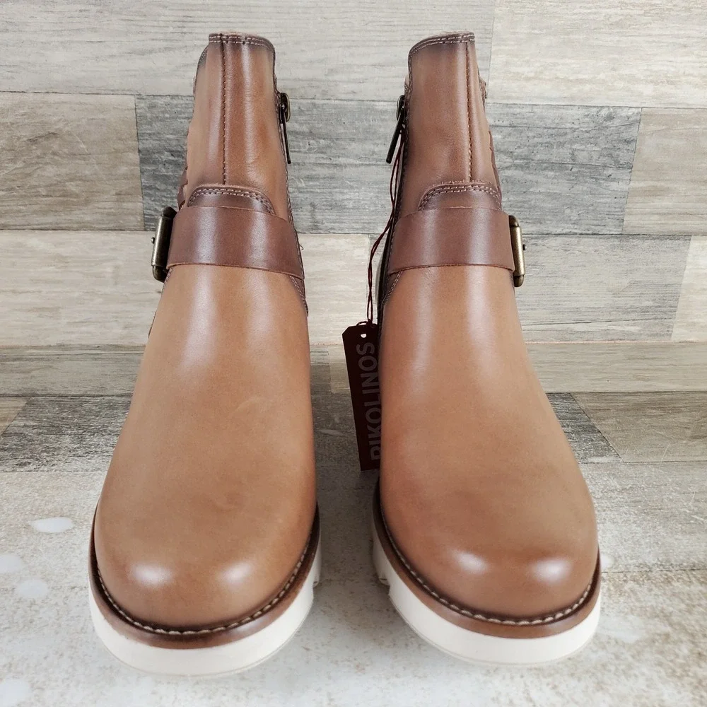 Pikolinos Sanlucar Womens Ankle Boots Sz 6.5 Brown Leather Side Zip Wedge Heel